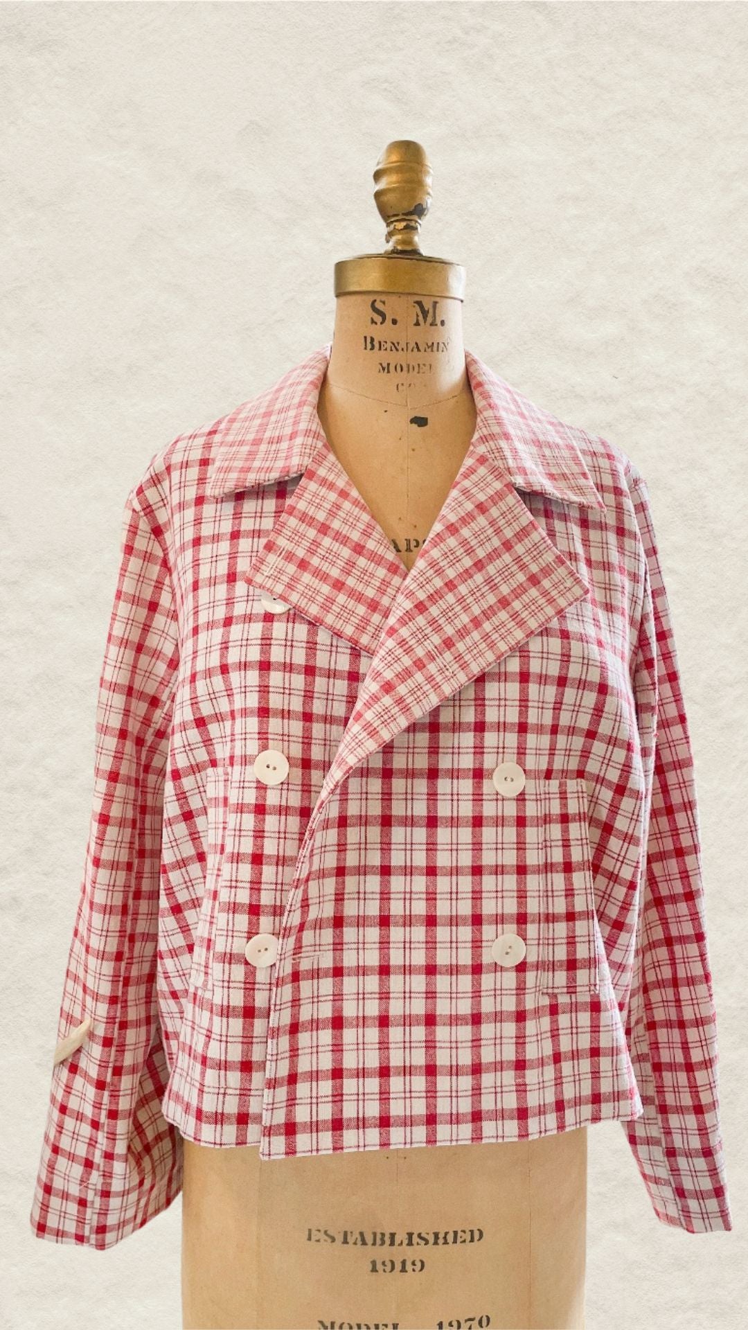 French Linen Checkered Double Breasted Jacket