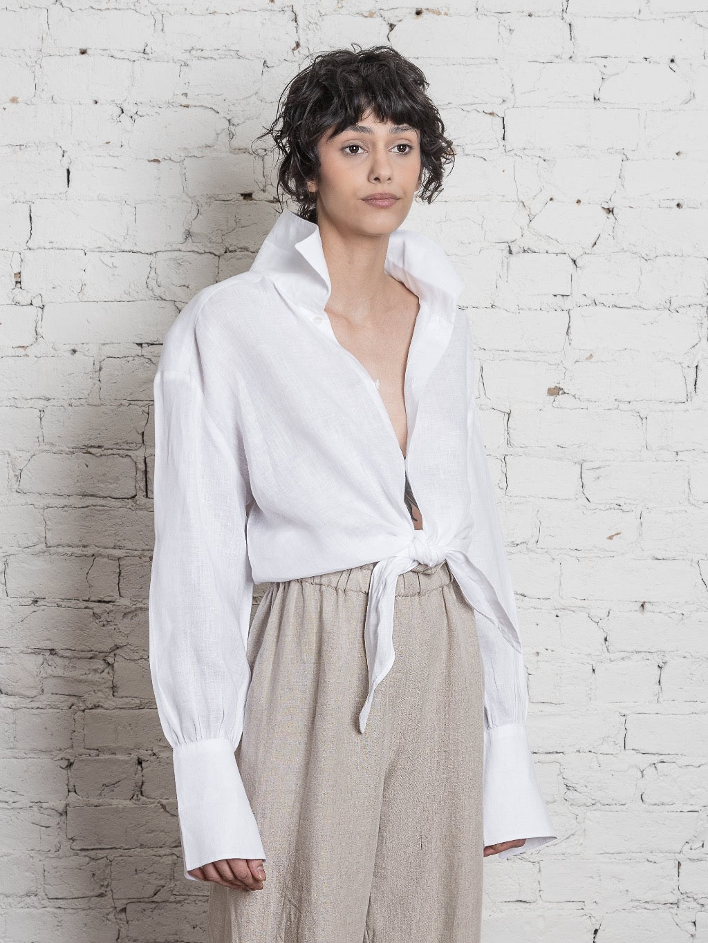 French Cuff Linen Tie Shirt