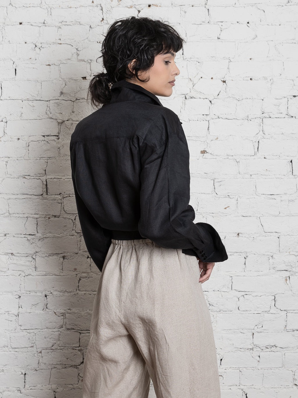 French Cuff Linen Tie Shirt - Black