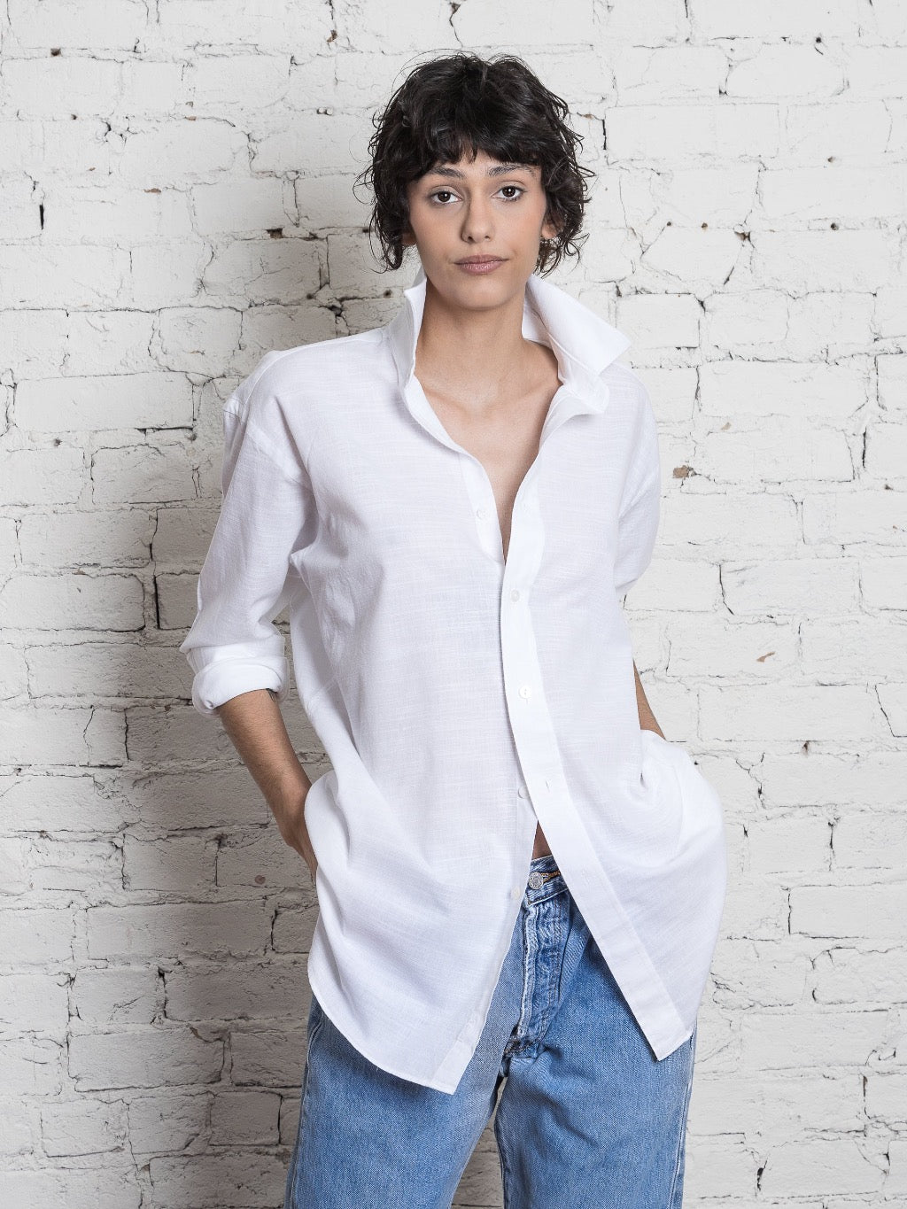 Boyfriend Button Down Shirt in White Linen