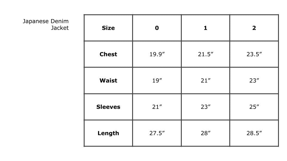 Japanese Denim Jacket - Size Chart